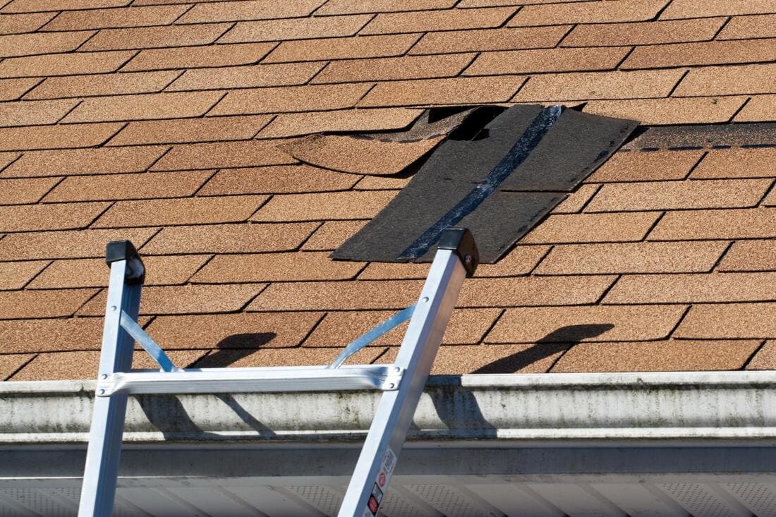 Wind-damaged shingles near a ladder